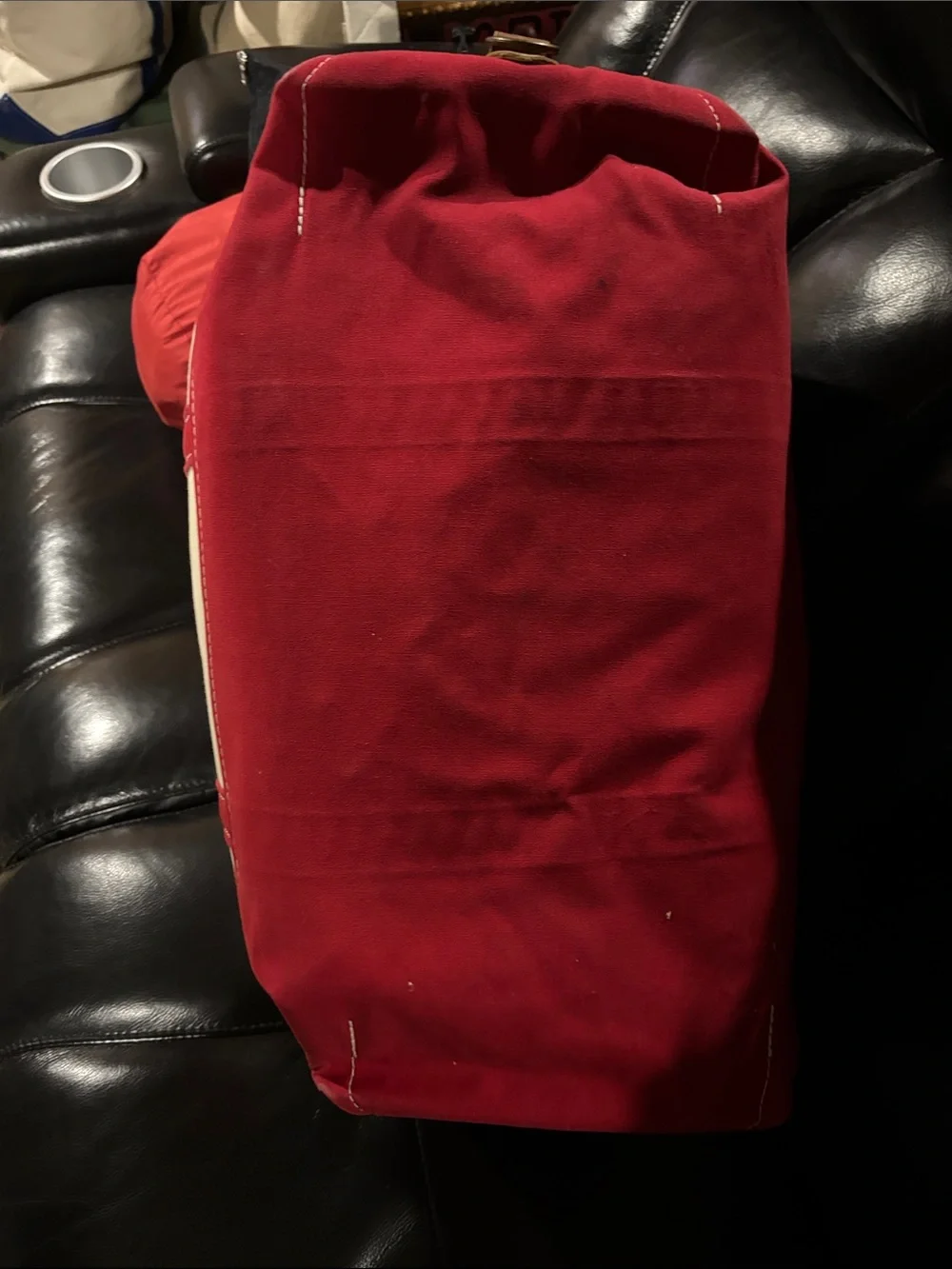 LL Bean Red & Cream Canvas Tote Bag with Leather Handles